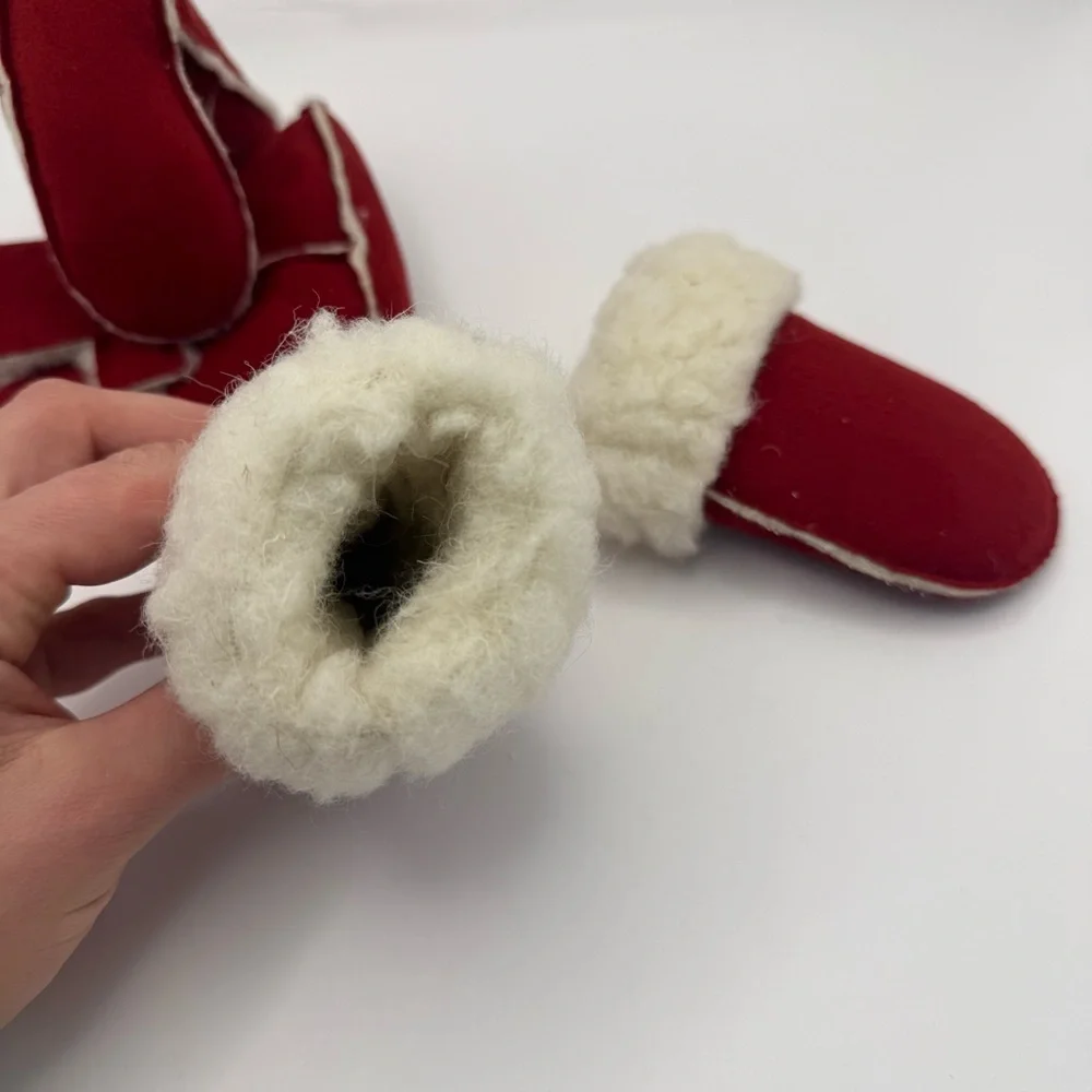 Newborn Girl's Infant Scandinavian Red Lamb Wool Leather Fuzzy Boots & Gloves NB